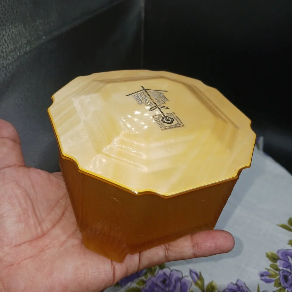 Deco Pressed Frosted Amber Glass Celluloid Lid Dresser Trinket Box